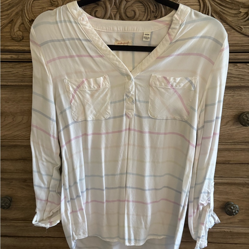 Weatherproof White Gray Polo Blouse with 3/4 Sleeves